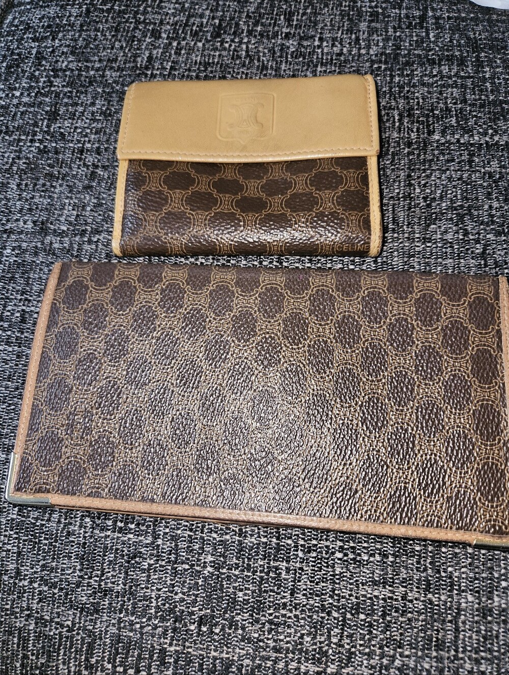 Celine  Macadam Triomphe Two-Tone Leather Compact Wallets - Beige and Brown